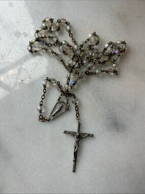 Vintage Crystal Rosary Necklace with Iridescent Beads